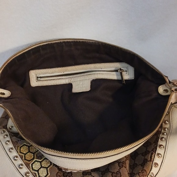 Gucci Tote Bag STUDDED Shoulder Bag RED Green Strap IVORY LEATHER added patch - Picture 6 of 16